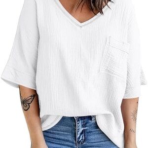 White V-Neck Short Sleeve Tee with Pocket